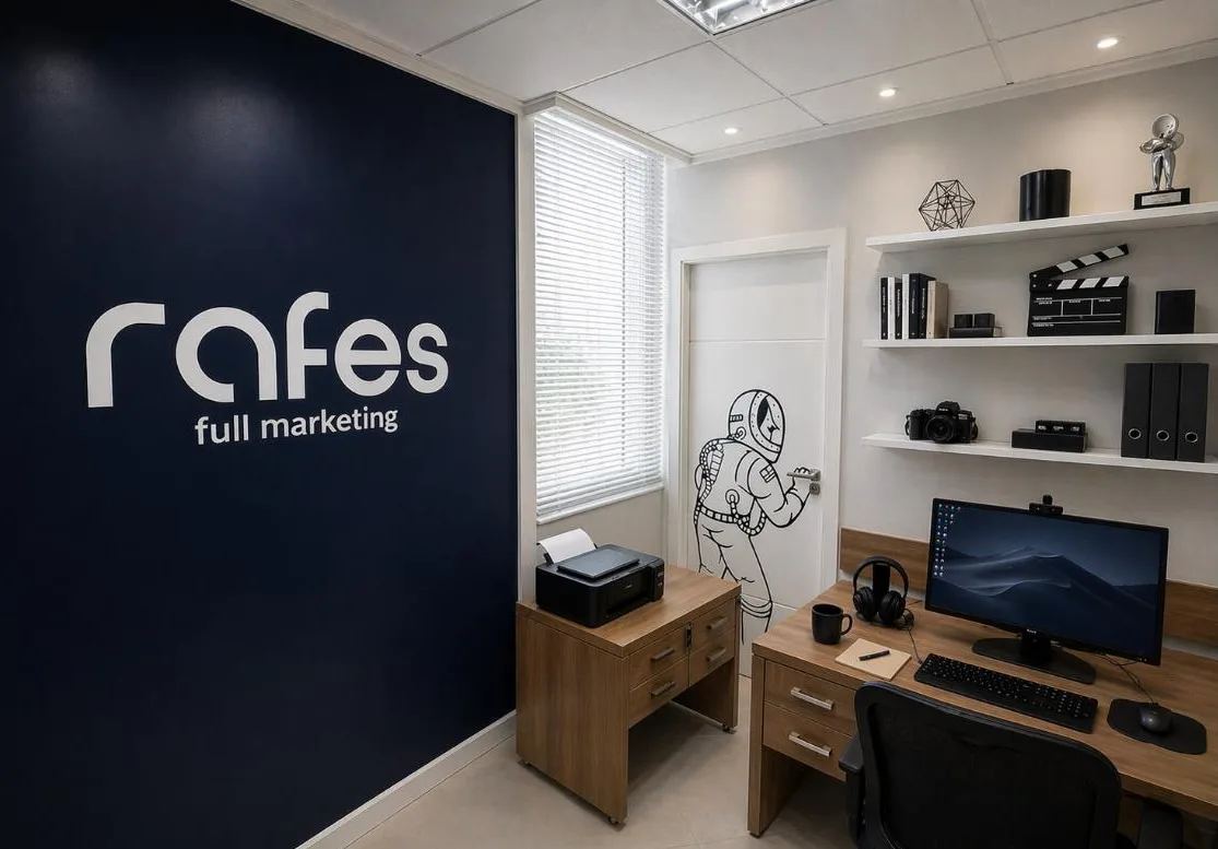 Escritório da Rafes Full Marketing em Balneário Camboriú, com o logo na parede